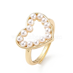 Plastic Pearl Hollow Out Heart Adjustable Ring, Brass Jewelry for Women, Lead Free & Cadmium Free, Real 18K Gold Plated, Inner Diameter: 17mm(RJEW-L100-012G)