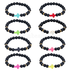 FIBLOOM 8Pcs 8 Colors Dyed Synthetic Turquoise Cross Beaded Stretch Bracelets Set, Mixed Color, Inner Diameter: 2-1/8 inch(5.3cm), 1Pc/color(BJEW-FI0001-27)