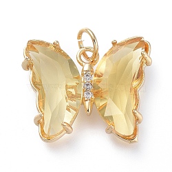 Brass Micro Pave Clear Cubic Zirconia Pendant, with Glass, Butterfly, Golden, Pale Goldenrod, 15x19x4.5mm, Hole: 3.5mm(ZIRC-P079-B02-02)