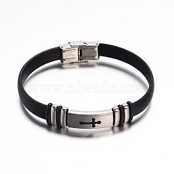Jewelry Black Color PU Leather Cord Bracelets, with 304 Stainless Steel Findings and Watch Band Clasp, Cross, Stainless Steel Color, 235x10mm(BJEW-G467-05)