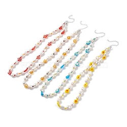 Natural Pearl Beaded Necklaces Set, Handmade Flower Millefiori Glass Beads Necklaces for Women, Silver, Mixed Color, 15.94 inch(40.5cm), 4pcs/set(NJEW-TA00018)