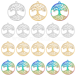 18Pcs 3 Colors 304 Stainless Steel Pendant, Hollow Charms, Flat Round with Tree of Life, Mixed Color, 38x35x1.5mm, Hole: 2mm, 6pcs/color(STAS-DC0012-90)