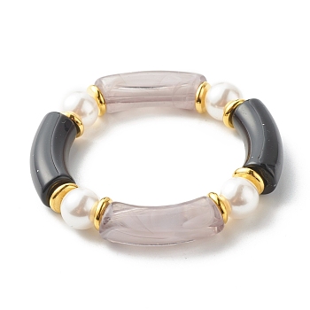 Chunky Acrylic Curved Tube Beads Stretch Bracelet for Teen Girl Women, Plastic Pearl Beads & Brass Beads Bracelet, Golden, Black, Inner Diameter: 2 inch(5.1cm)