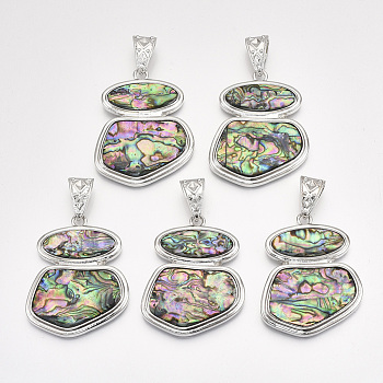 Abalone Shell/Paua Shell Big Pendants, with Alloy Findings and Resin Bottom, Colorful, 56x44x5.5mm, Hole: 15.5x7mm