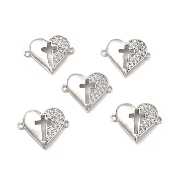 Brass Micro Pave Clear Cubic Zirconia Connector Charms, Heart Links with Cross, Platinum, 20x15.5x3.5mm, Hole: 1.5mm