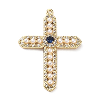 Rack Plating Brass Micro Pave Cubic Zirconia and Plastic pearl Pendants, Cross Charms, Long-Lasting Plated, Cadmium Free & Lead Free, Real 18K Gold Plated, 35x25x4mm, Hole: 1.2mm