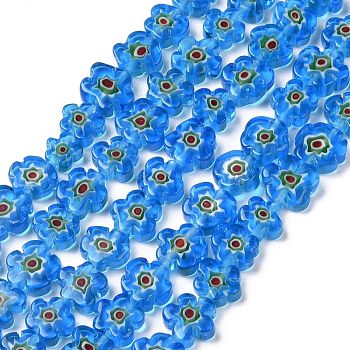 Handmade Millefiori Glass Bead Strands, Flower, Sky Blue, 10~12x2.6mm, Hole: 1mm, about 42pcs/strand, 15.75''(40cm)