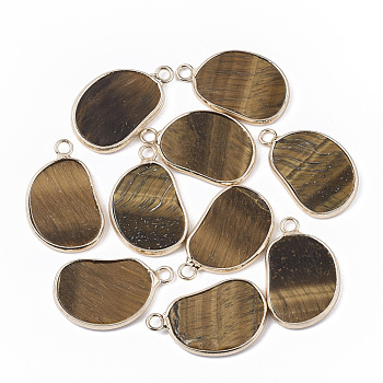 Natural Tiger Eye Pendants, with Golden Tone Brass Open Back Bezel, Oval, 25x15.5x2~3mm, Hole: 2mm