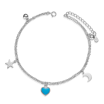SHEGRACE Rhodium Plated 925 Sterling Silver Multi-Strand Anklets, with Epoxy Resin, Heart & Moon & Star, Platinum, 8-1/2 inch(21.5cm)
