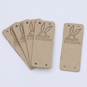 Microfiber Leather Labels, Handmade Embossed Tag, with Holes, for DIY Jeans, Bags, Shoes, Hat Accessories, Rectangle with Rabbit Pattern, Tan, 50x20mm