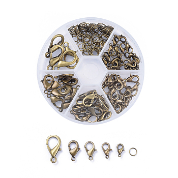 Alloy Lobster Claw Clasps and Jump Rings Set, Nickel Free, Antique Bronze, Clasps: 10~20.5x6~13x3.5~5.5mm, Hole: 1~2mm, about 70pcs/box, Jump Rings: 6x1mm, about 40~50pcs/box