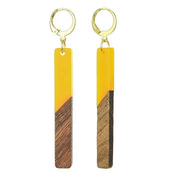 Two Tone Resin & Walnut Wood Rectangle Dangle Leverback Earrings, Golden 304 Stainless Steel Long Drop Earrings, Gold, 68x12mm