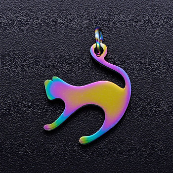 Ion Plating(IP) 201 Stainless Steel Kitten Pendants, with Jump Rings, Cat with Arched Back Shape, Rainbow Color, 17.5x14.5x1mm, Jump Ring: 5x0.8mm, Inner Diameter: 3mm