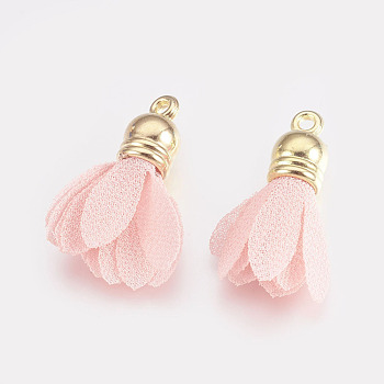 Organza Pendant Decorations, with CCB Plastic Cord Ends, Flower, Pink, 29x8mm, Hole: 2mm