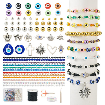 DIY Evil Eye Bracelet Making Kit, Including Resin Flat Round & Bicone Glass Beads, Heart & Flower & Cross & Butterfly Alloy Pendant & Links, Teardrop Lampwork Pendants, Scissor, Tweezers, Mixed Color