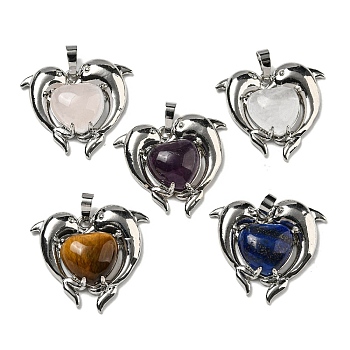 Natural Mixed Stone Heart Pendants, Rack Plating Brass Dolphin Charms, Platinum, Cadmium Free & Lead Free, 29x32.5x8.5mm, Hole: 8x5mm