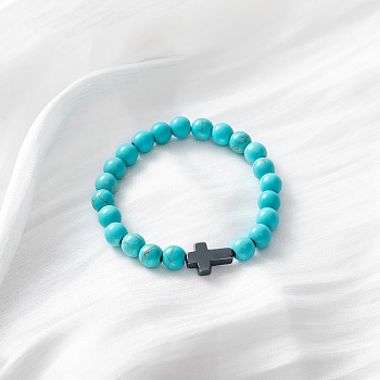 Synthetic Turquoise & Cross Stretch Bracelet
