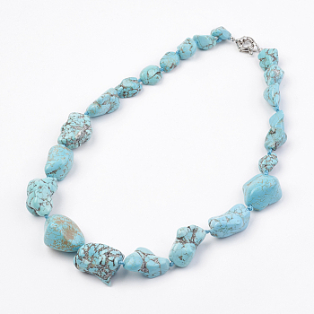 Natural Howlite Graduated Beaded Necklaces, with Brass Findings, Dyed & Heated, Platinum, Nuggets, Turquoise, 18.9 inch(48cm)