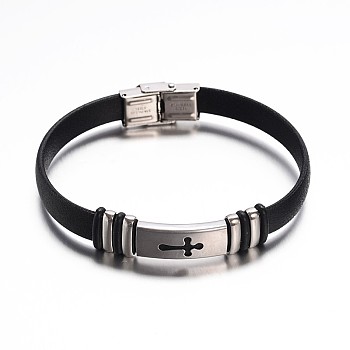 Jewelry Black Color PU Leather Cord Bracelets, with 304 Stainless Steel Findings and Watch Band Clasp, Cross, Stainless Steel Color, 235x10mm