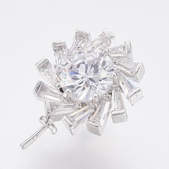 Eco-Friendly Brass Micro Pave Cubic Zirconia Cup Pearl Peg Bails Pin Pendants, For Half Drilled Beads, Lead Free & Cadmium Free, Flower, Platinum, 22.5x16x12mm, Hole: 4x8mm, Pin: 0.8mm