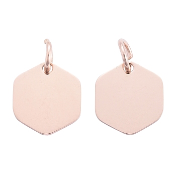 201 Stainless Steel Charms, Manual Polishing, Hexagon, Rose Gold, 11.5x10.5x1mm, Hole: 3.5mm