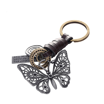 Punk Style Woven Cow Leather Alloy Pendant Keychain, for Car Key Pendant, Butterfly, Pendant: 4.8x3.9cm