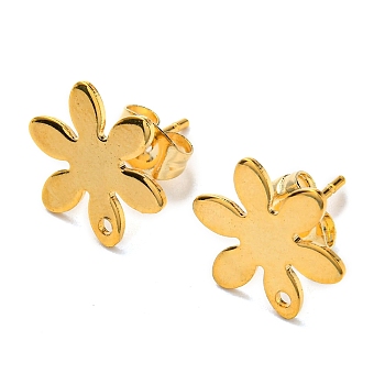 201 Stainless Steel Stud Earrings Finding, with 304 Stainless Steel Pins, Flower, Real 24K Gold Plated, 13x11.5mm, Hole: 1mm, Pin: 0.8mm