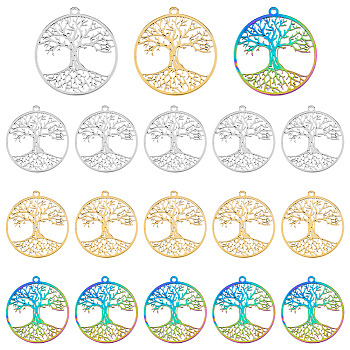 18Pcs 3 Colors 304 Stainless Steel Pendant, Hollow Charms, Flat Round with Tree of Life, Mixed Color, 38x35x1.5mm, Hole: 2mm, 6pcs/color