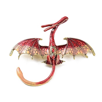 Dragon Alloy Rhinestone Brooches, Enamel Pins, Antique Golden, Red, 70x78x13mm