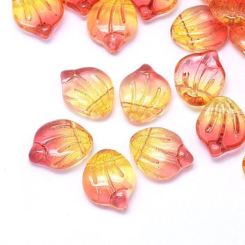Transparent Glass Charms, Shell Shaped Petal, Two Tone, Orange Red, 15x12x4mm, Hole: 1mm
