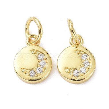 Real 18K Gold Plated Clear Flat Round Brass+Cubic Zirconia Charms