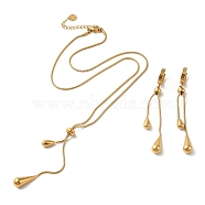 Teardrop 304 Stainless Steel Jewelry Set, Dangle Hoop Earrings and Lariat Necklace, Golden, Necklaces: 533mm; Earring: 79mm(SJEW-H306-03G)
