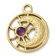 Vacuum Plating 316 Stainless Steel Pendants, with Natural Amethyst, Flat Round, Real 18K Gold Plated, 24.5x20x3.5mm, Hole: 2.7mm(STAS-C090-04G-01)
