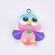 Handmade Polymer Clay Pendants, with Iron Findings, Birdie, Platinum, Colorful, 35x27x12.5mm, Hole: 1.5mm(CLAY-S093-15)
