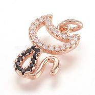 Brass Micro Pave Cubic Zirconia Pendants, Real Rose Gold Plated, Cat, Rose Gold, 16x11x2mm, Hole: 3mm(ZIRC-F062-02RG)