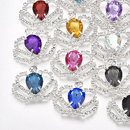 Brass Cabochons, with Acrylic Rhinestone and Glass Rhinestone, Crown, Silver, Mixed Color, 28~29x35~38x6mm(KK-T043-02S)