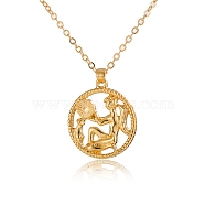 Alloy Flat Round with Constellation Pendant Necklaces, Cable Chain Necklace for Women, Aquarius, Pendant: 2.2cm(PW-WG52384-11)