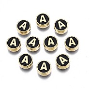 Alloy Enamel Beads, Cadmium Free & Lead Free, Light Gold, Flat Round with Alphabet, Black, Letter.A, 8x4mm, Hole: 1.5mm(ENAM-N052-006-02A-RS)