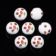 Halloween Printed Natural Wood Beads, Round with Leaf, Colorful, 15.5x14.5mm, Hole: 4mm(WOOD-S057-089)