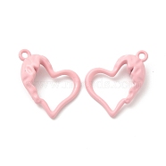 Spray Painted Alloy Pendants, Hollow Heart Charm, Pink, 21x15.5x0.6mm, Hole: 1.6mm(FIND-B018-01A)