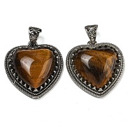 Natural Tiger Eye Pendants, Heart Charms, with Rack Plating Antique Silver Tone Brass Findings, Cadmium Free & Lead Free, 28.5x27x9mm, Hole: 7x5mm(G-A095-01AS-07)