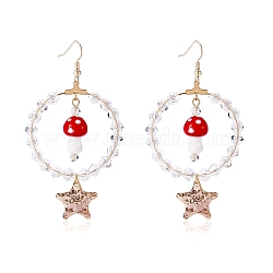 Glass Beaded Big Circle Dangle Earrings, Lampwork Mushroom & Brass Star Drop Earrings for Women, Red, 78mm, Pin: 0.7mm(EJEW-SW00015-02)