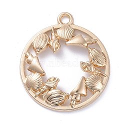 Zinc Alloy Open Back Bezel Pendants, For DIY UV Resin, Epoxy Resin, Pressed Flower Jewelry, Flat Round with Ocean Animal, Light Gold, 34x30x4.5mm, Hole: 2.5mm(PALLOY-E577-23KCG)