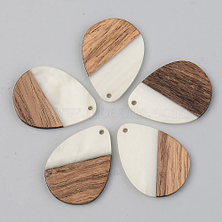 Opaque Resin & Walnut Wood Pendants, Teardrop, Floral White, 35.5x26x3mm, Hole: 2mm(X-RESI-S389-010A-C04)