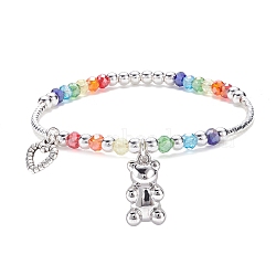 Bear and Open Heart Charm Bracelet with Curved Tube Beads for Women, Colorful, Inner Diameter: 2-1/4 inch(5.55cm)(BJEW-TA00052)