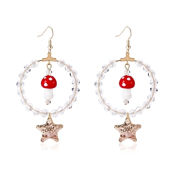 Glass Beaded Big Circle Dangle Earrings, Lampwork Mushroom & Brass Star Drop Earrings for Women, Red, 78mm, Pin: 0.7mm