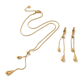 Teardrop 304 Stainless Steel Jewelry Set, Dangle Hoop Earrings and Lariat Necklace, Golden, Necklaces: 533mm; Earring: 79mm
