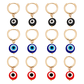 6 Pairs 3 Style Resin Evil Eye Dangle Hoop Earring, Gold Plated Brass Jewelry for Women, Mixed Color, 29~30mm, Pin: 1mm, 2 Pairs/style