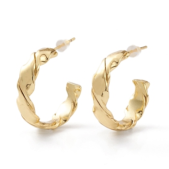 Brass Half Hoop Earrings, with Steel Pin and Plastic Ear Nuts, Long-Lasting Plated, Semicircular, Real 18K Gold Plated, 23x23.5x6mm, Pin: 0.8mm