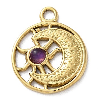 Vacuum Plating 316 Stainless Steel Pendants, with Natural Amethyst, Flat Round, Real 18K Gold Plated, 24.5x20x3.5mm, Hole: 2.7mm